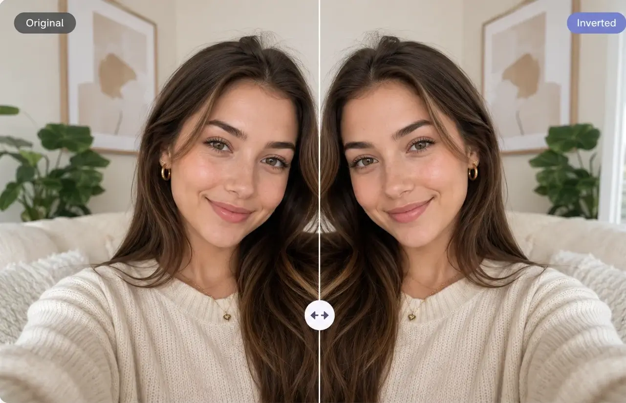 Inverted Filter preview showing a selfie mirrored left to right while preserving natural colors
